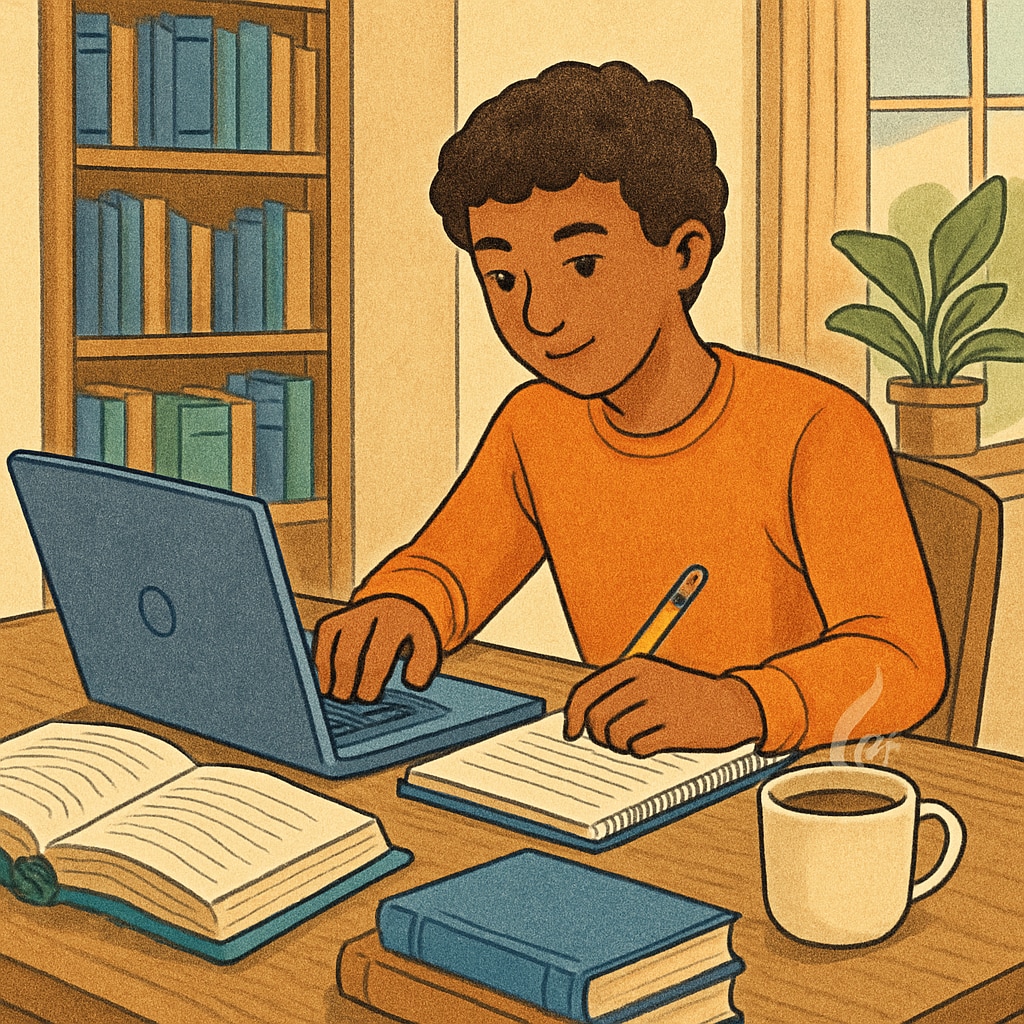 A student studying on a laptop in a home environment, representing personalized learning in online public schools. Student using a laptop for personalized learning in an online public school.