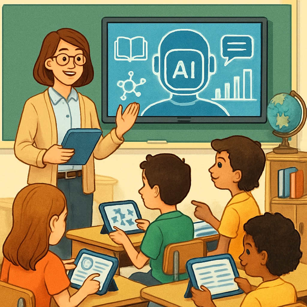 A classroom setting with a teacher using AI-powered tools to assist students. The image emphasizes the blend of technology and human-led education. Teacher using AI tools in a classroom to enhance student learning
