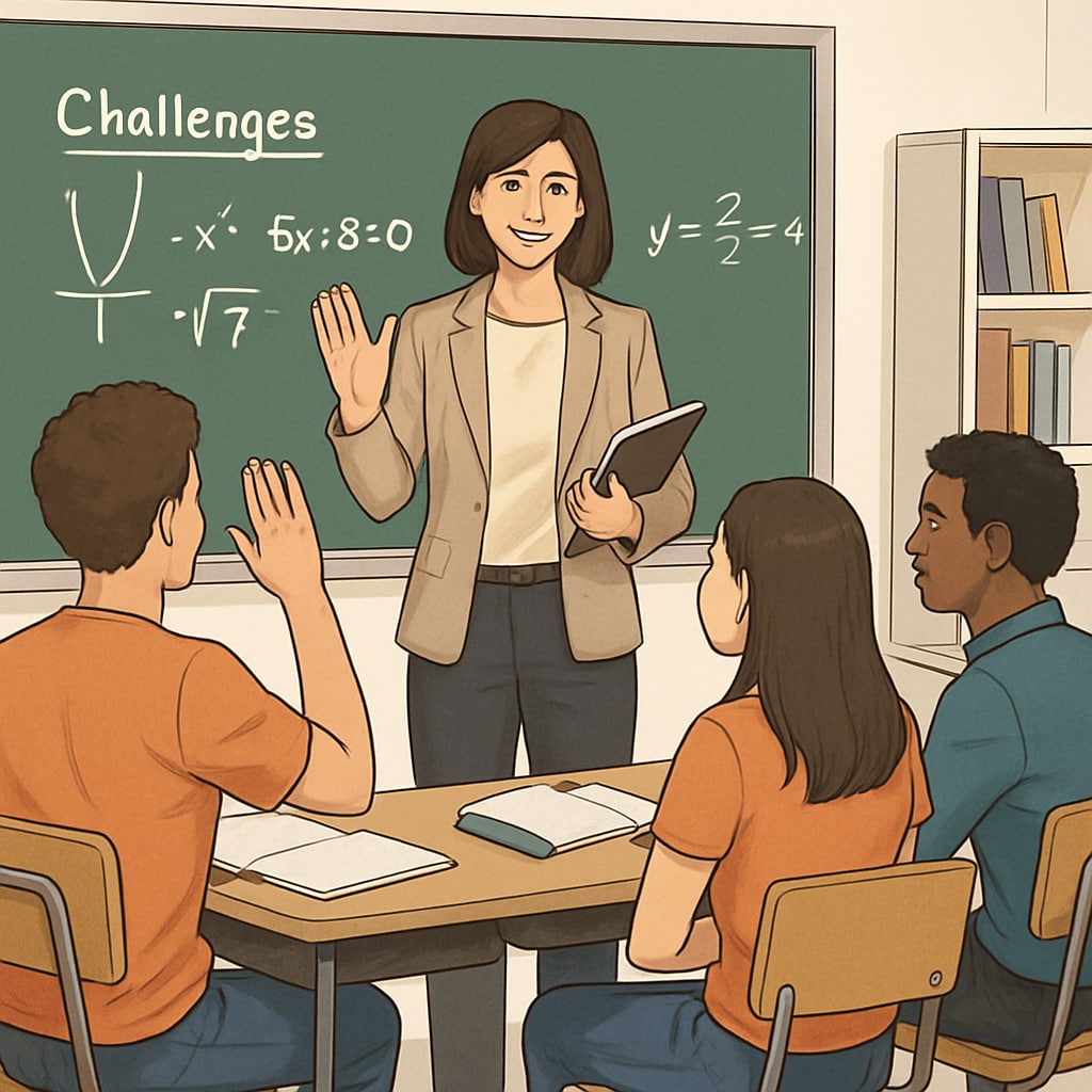 A teacher discussing mathematics challenges with high school students in a classroom setting. A teacher discussing high school mathematics challenges with students.