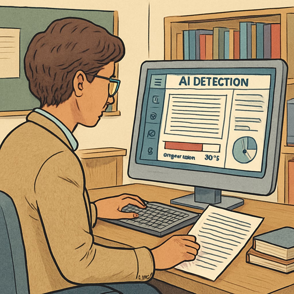 An educator reviewing AI-detection software on a computer, showcasing tools used to identify AI-generated text. The software interface is visible on the screen. Educator using AI-detection software to identify plagiarism and AI-generated text.