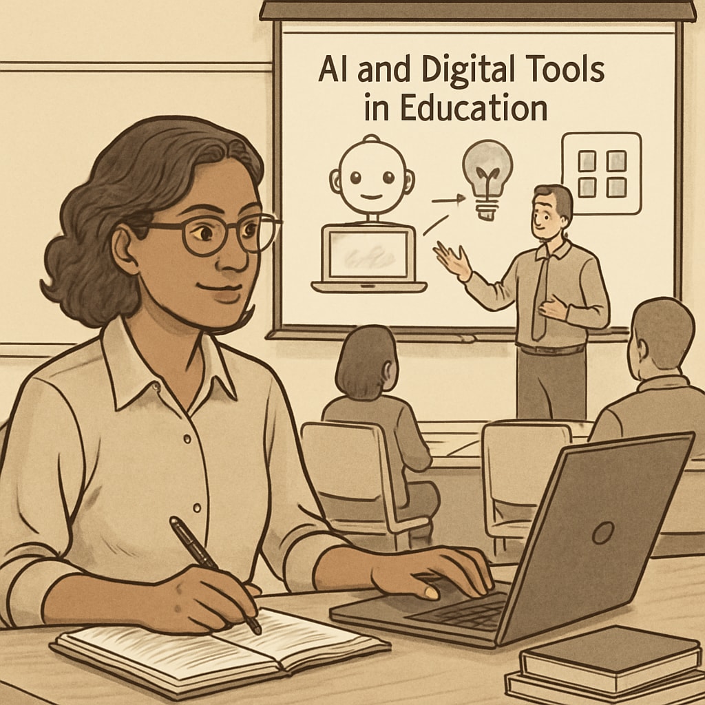An educator attending a workshop about AI and digital tools integration in teaching. The image highlights professional development for educators. Educator learning about AI integration in teaching methods