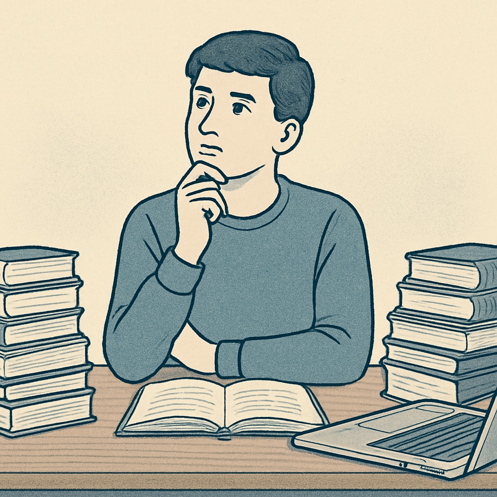 A high school student surrounded by books and a laptop, contemplating their future university major. A high school student thinking about university major options in math and science.