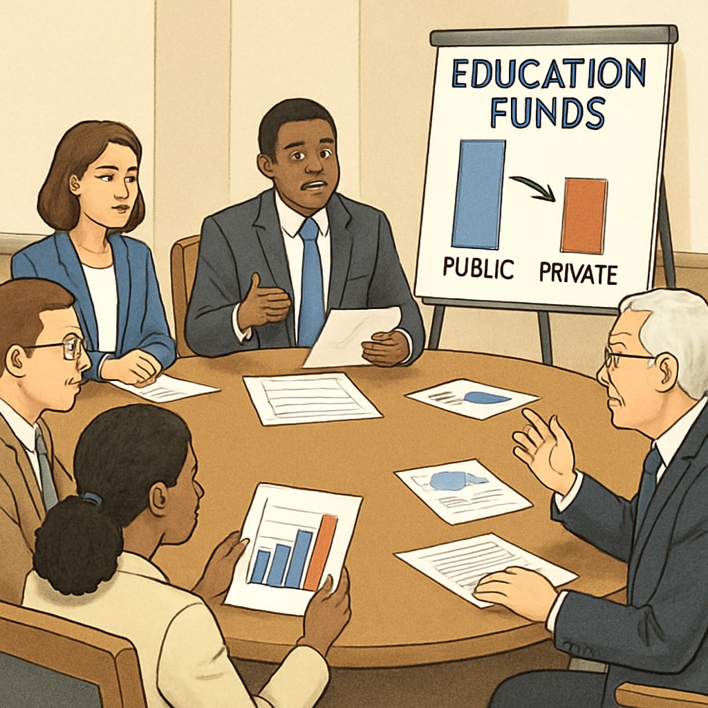 A legislative meeting discussing the redistribution of education funds from public schools to private institutions. Legislative discussion on shifting education funds to private institutions.