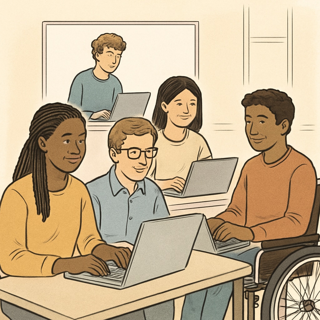 A diverse group of students studying on laptops, symbolizing online education accessibility. Students studying online, highlighting the accessibility of online high school diplomas.