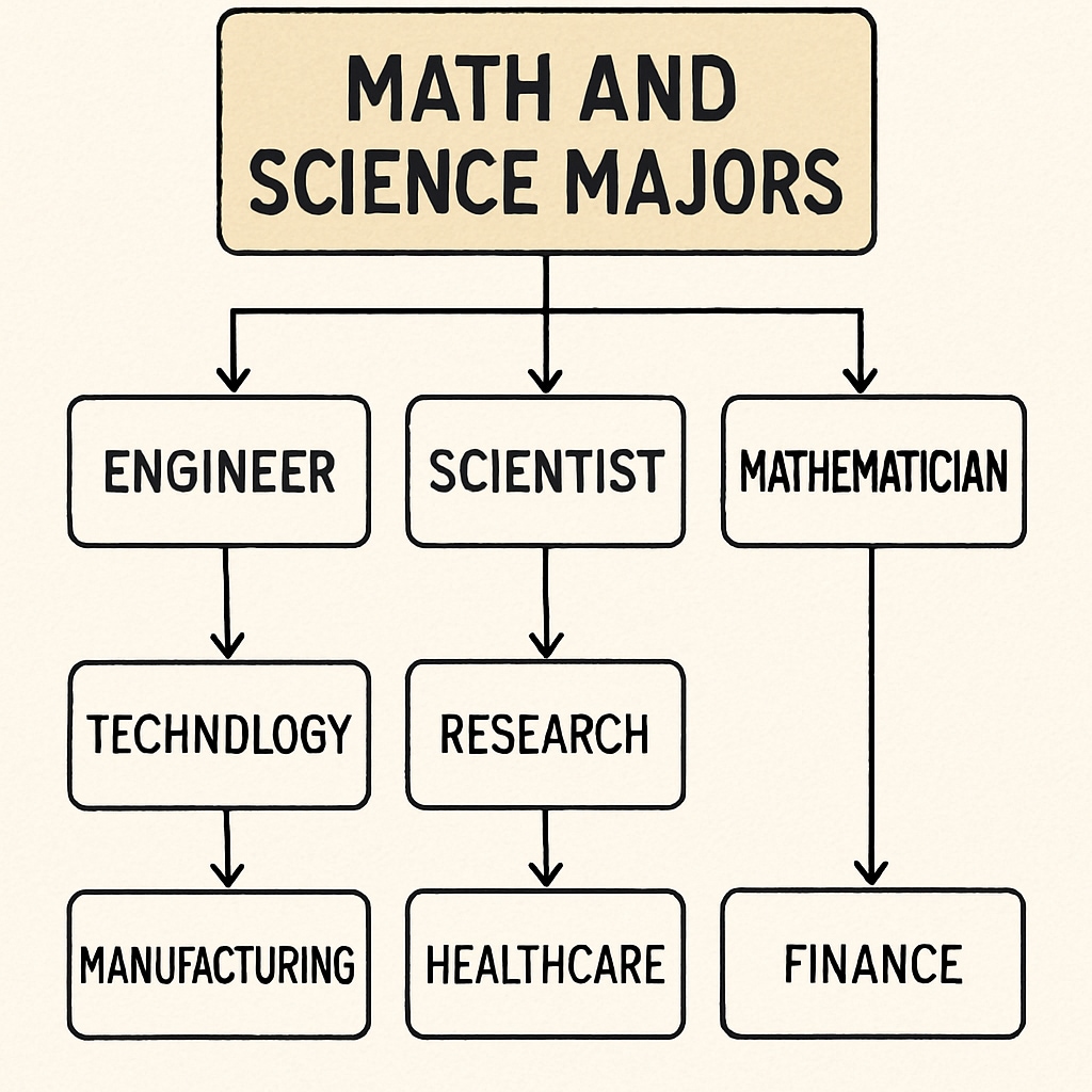 A flowchart illustrating how math and science majors connect to different career paths. A flowchart showcasing career options for math and science majors.