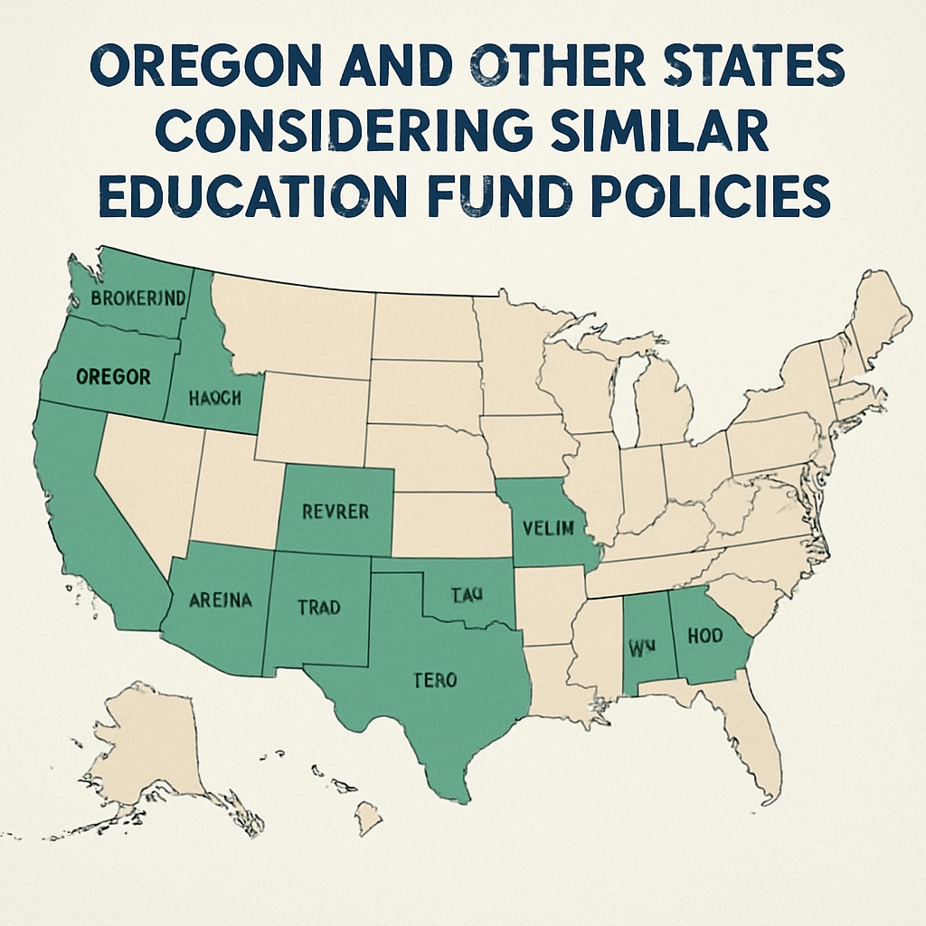 A map highlighting Oregon and other states considering similar education fund policies. Map showing Oregon and states debating education fund privatization.