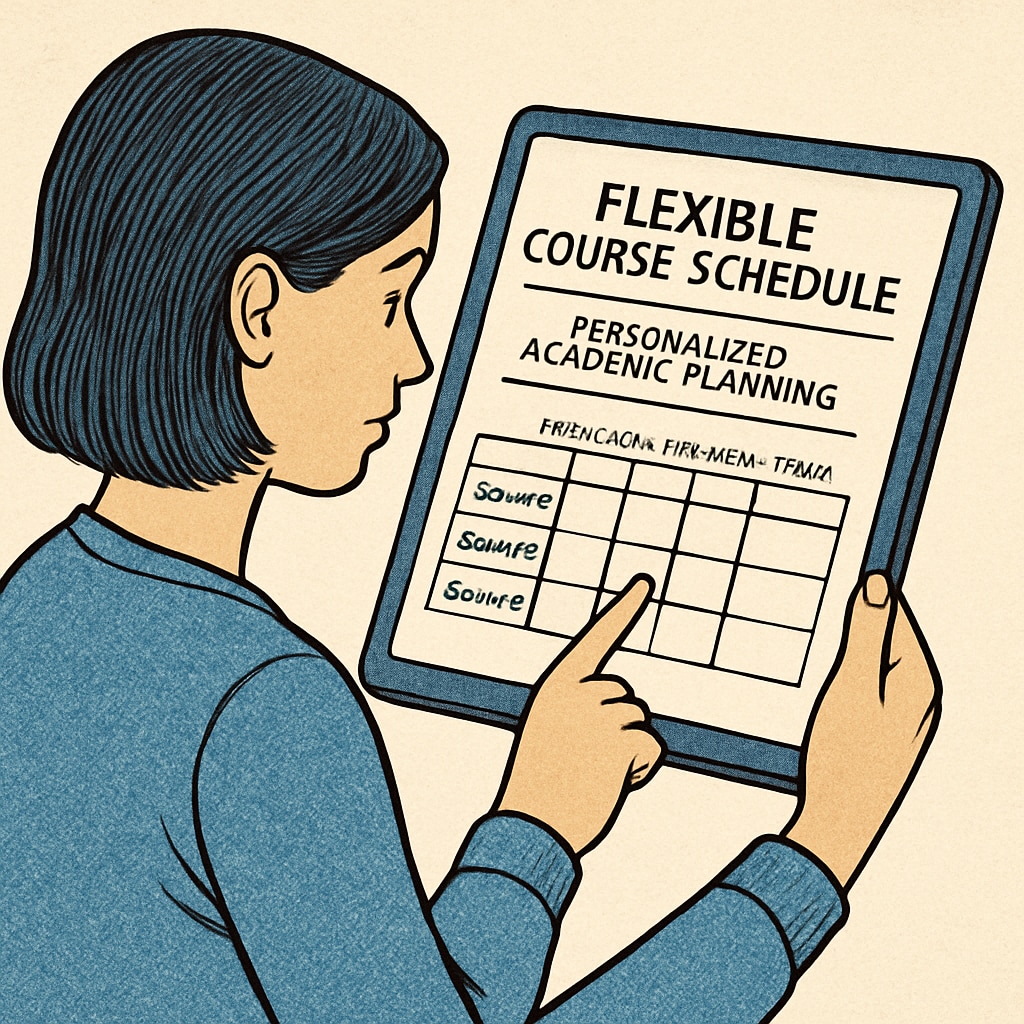 A student reviewing a flexible course schedule on a tablet, emphasizing personalized academic planning. Flexible course schedules for students earning online high school diplomas.