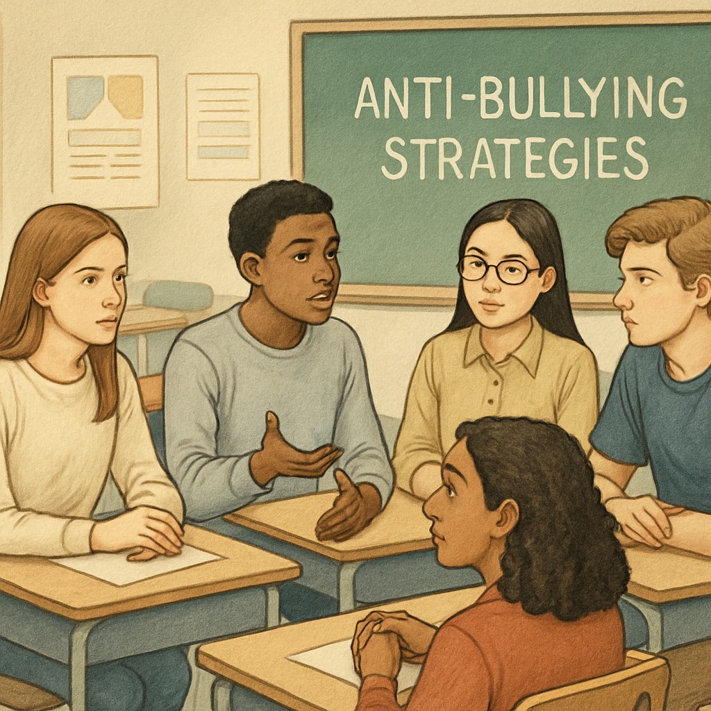 A group of students sitting in a classroom discussing anti-bullying strategies. Students discussing anti-bullying strategies in a classroom.
