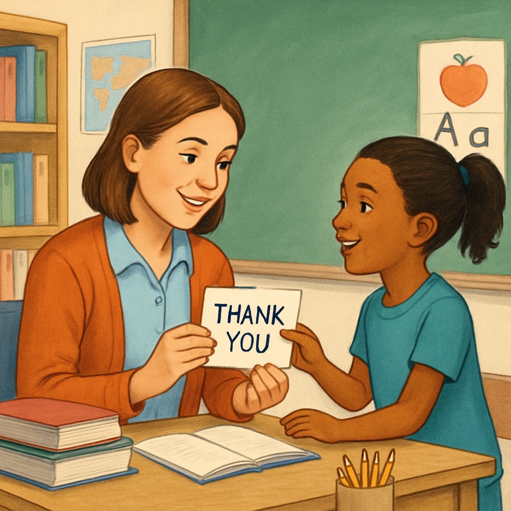 A teacher receiving a handwritten thank-you note from a student in a classroom setting, symbolizing the power of gratitude. A teacher holding a thank-you note from a student, representing teacher-student gratitude.