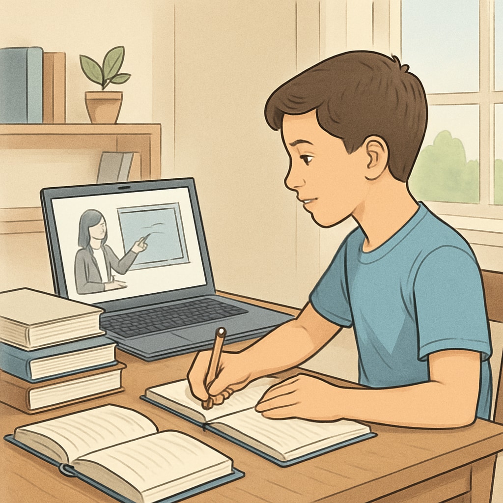 A student learning at home with a laptop, representing the flexibility of public online schooling. Student studying at home using a laptop for public online schooling.