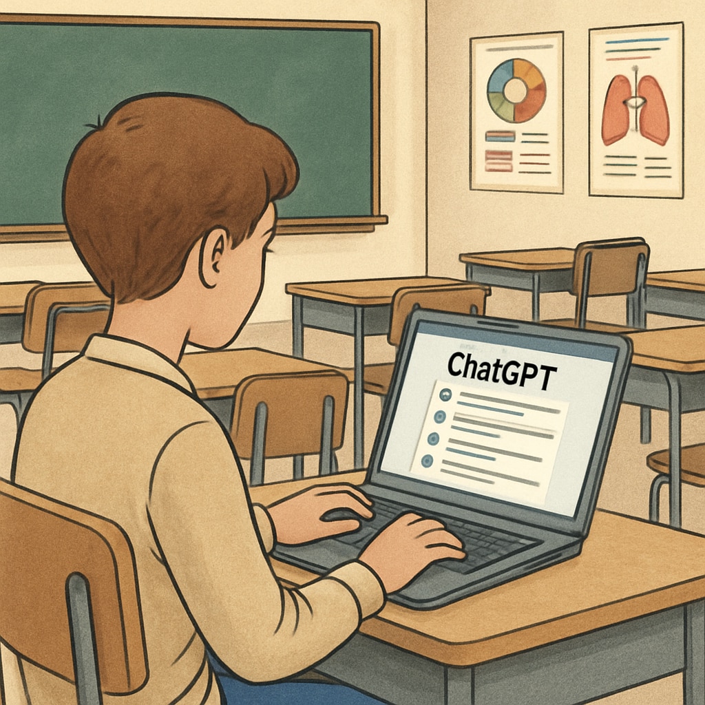 Student using AI tools like ChatGPT in a classroom, focusing on academic integrity.