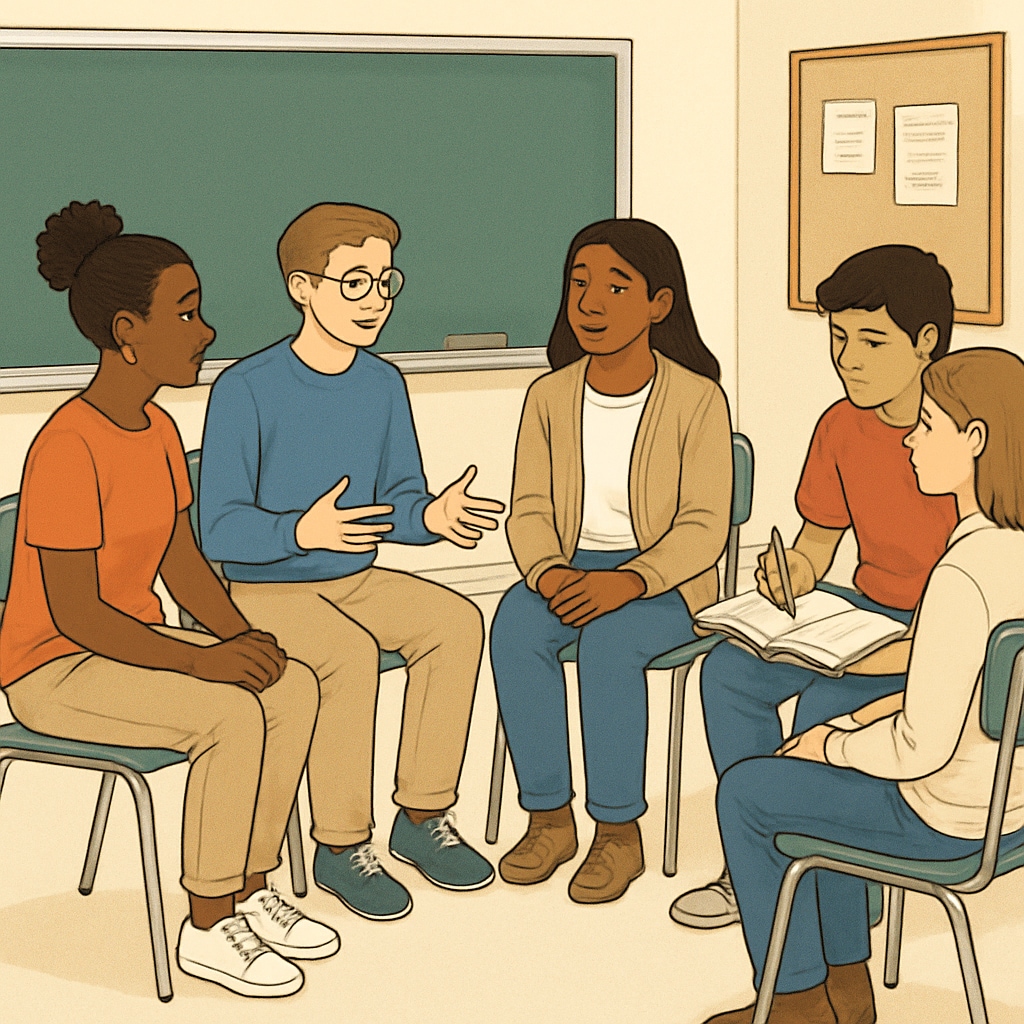 Students participating in a restorative justice circle in a school setting. Students engaged in restorative justice practices to address bullying.