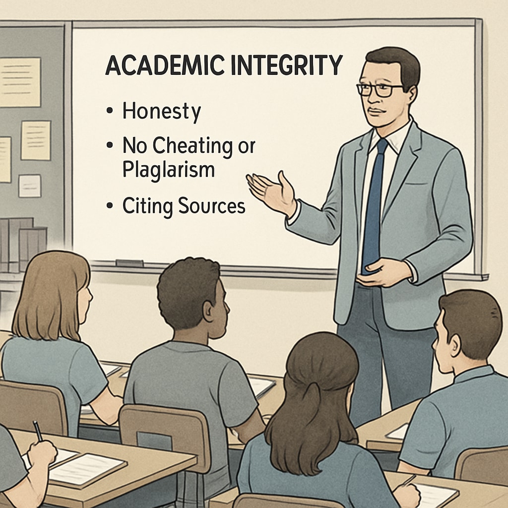 Teacher promoting academic integrity by discussing AI tool guidelines with students.