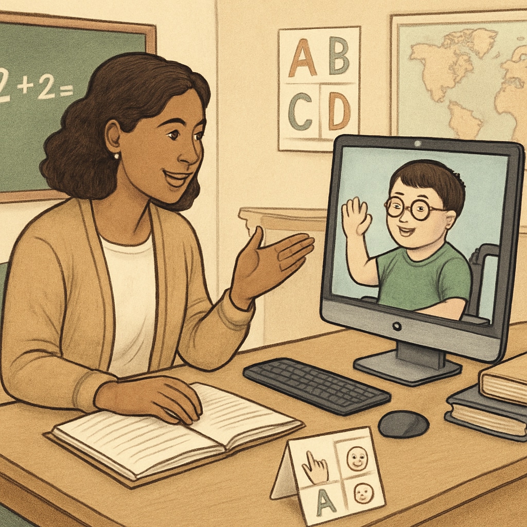 A special education teacher conducting a virtual lesson with a student, emphasizing inclusivity in public online education. Special education teacher teaching a student via online platform.