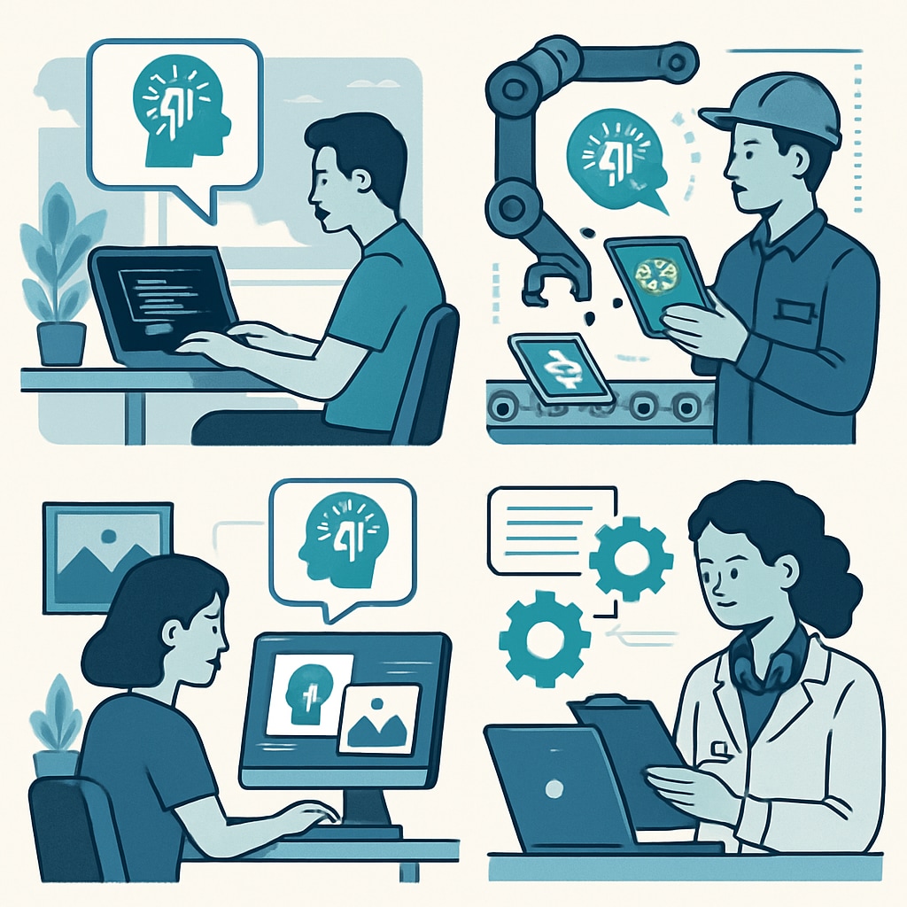A futuristic depiction of AI technologies impacting professions, such as programming and engineering. AI technologies affecting programming and engineering careers.