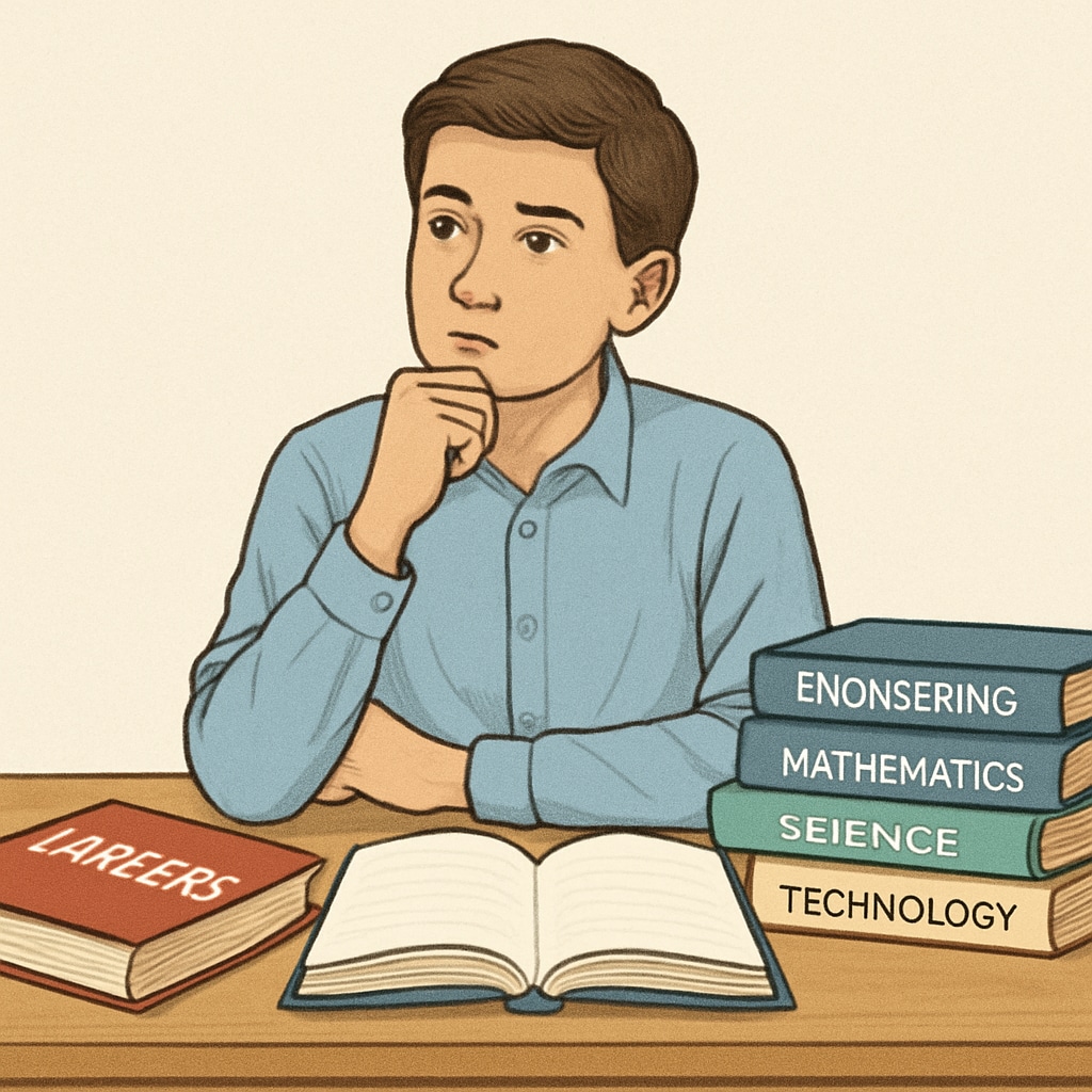 A high school student sitting at a desk with career and STEM books, pondering choices. High school student deciding on STEM-related college majors.