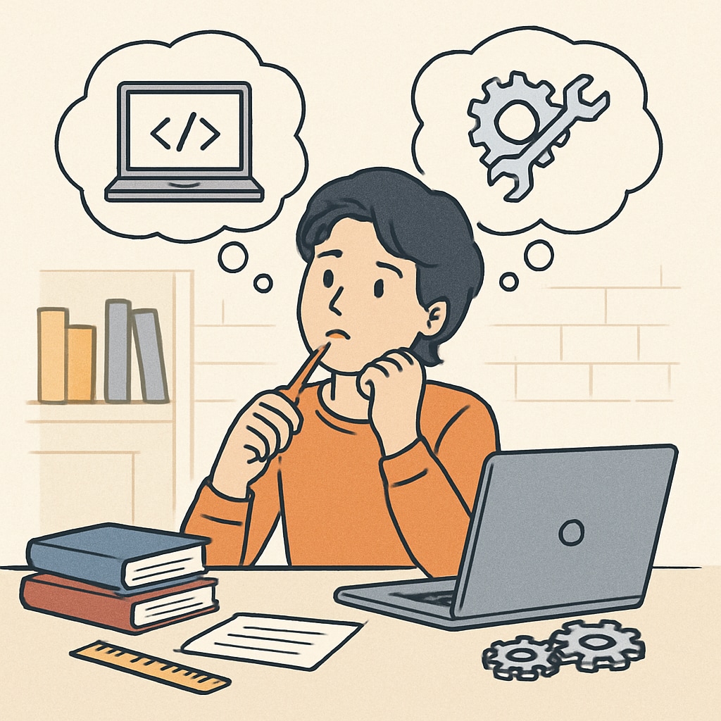 An illustration of a teenager contemplating their career options in programming and engineering. Teen deciding between programming and engineering careers in the AI era.