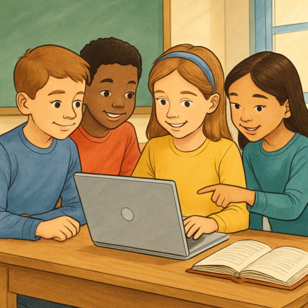 Students collaborating on a laptop to complete an educational task.