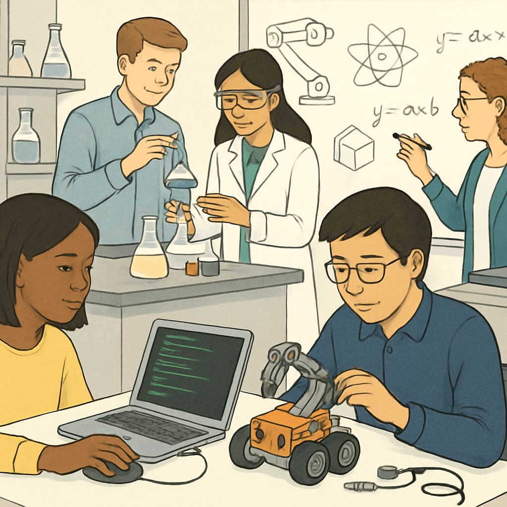 An interdisciplinary lab setting, showcasing students collaborating on STEM projects. Students working on STEM projects in a collaborative lab environment.