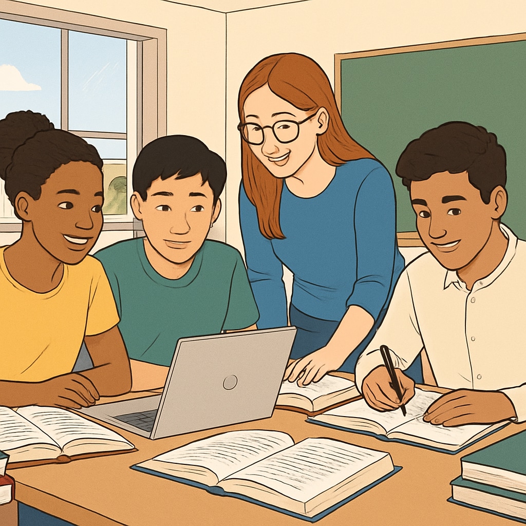 An image of diverse students engaged in group study with books and laptops in a classroom setting. Students participating in group study, representing K12 learning methods.