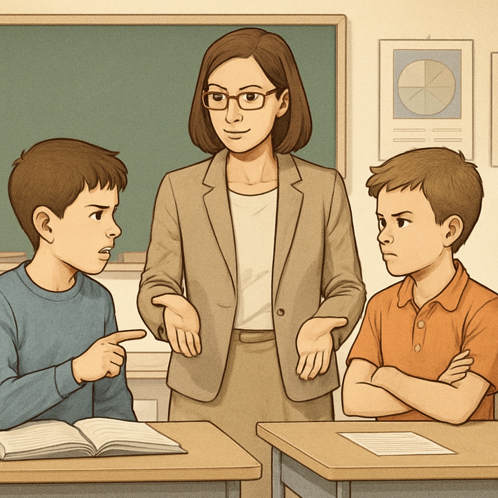 Teacher mediating student conflict to address school bullying.