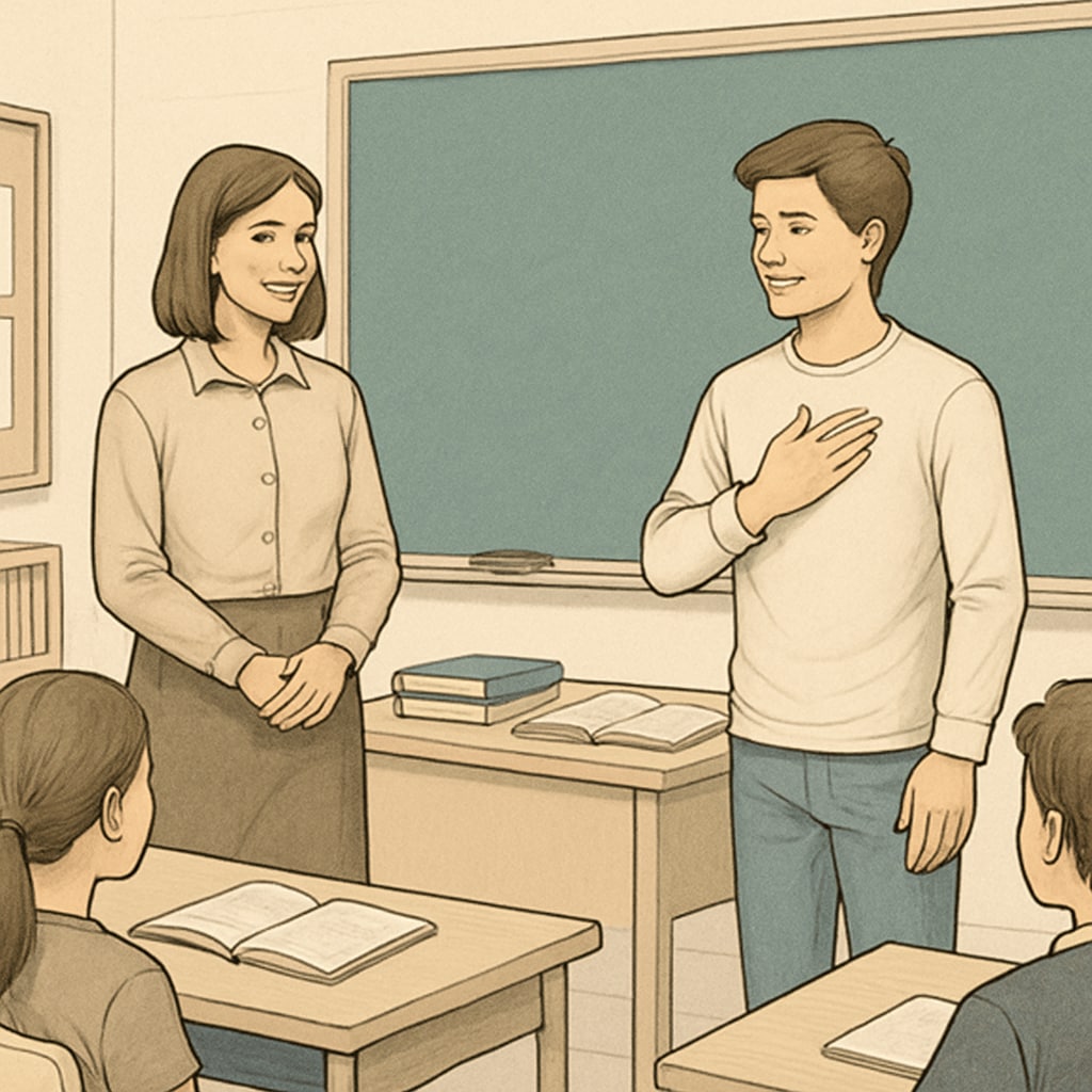 A classroom scene where a student is thanking a teacher, symbolizing gratitude and mutual respect. A student expressing gratitude to a teacher, reflecting mutual respect and appreciation in the classroom.