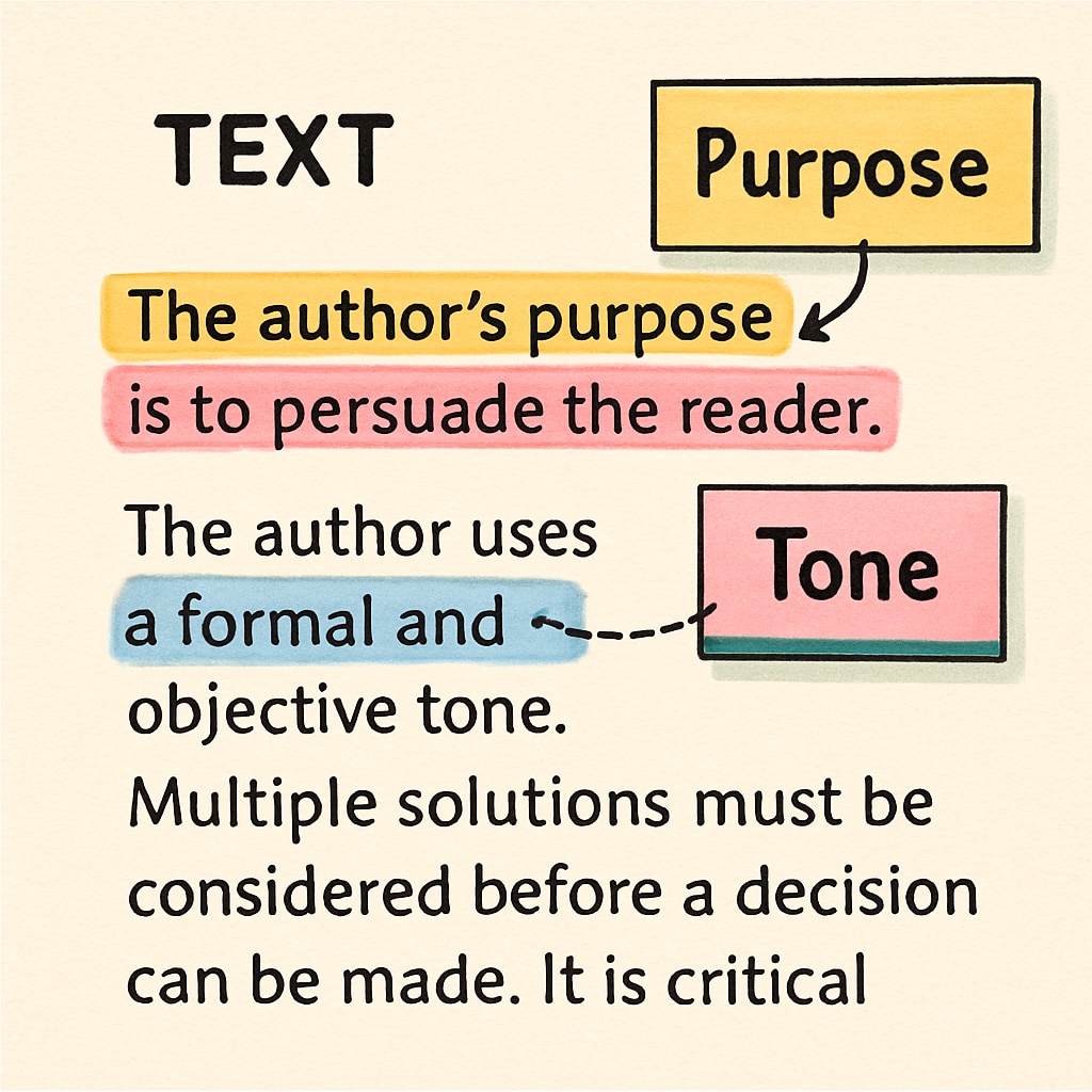 A close-up of a highlighted text with color-coded notes indicating purpose and tone. Highlighted text with notes about purpose and tone for Functional Skills English practice.