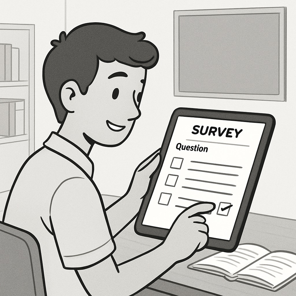 A conceptual image of a digital survey form with a student filling it out on a tablet. A student completing a survey on study methods using a tablet.