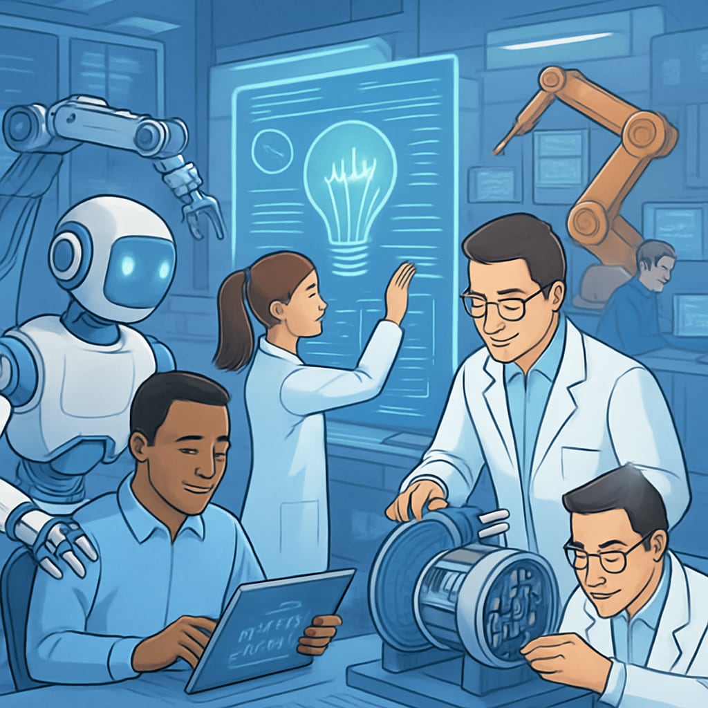 AI-powered machines working with engineers in a high-tech environment, highlighting the synergy of AI and traditional careers.