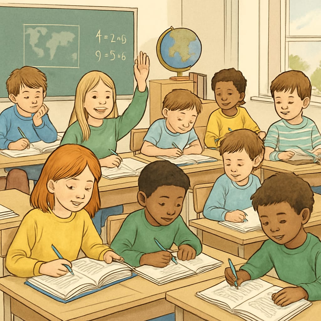 A classroom with students actively engaged in learning without mobile phones visible. Students actively learning in a phone-free classroom environment.