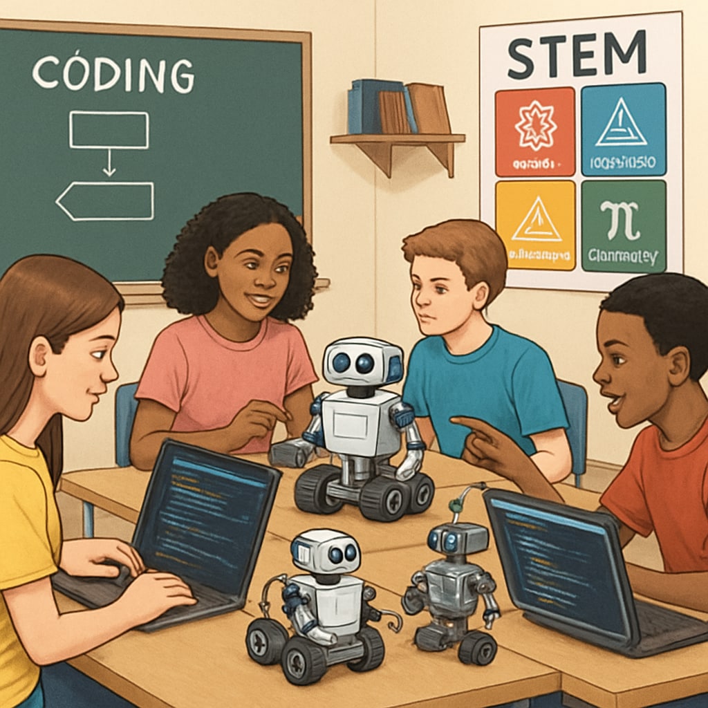 Students learning coding and robotics in a classroom, showcasing future career preparation in the AI-driven era.