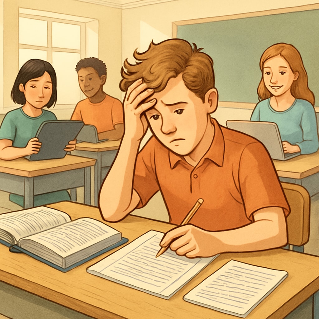 A student struggling with traditional resources while others use digital tools outside the classroom. A student facing challenges due to limited digital access in a phone-ban scenario.