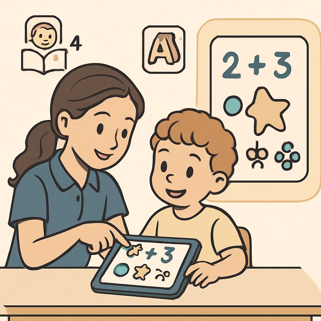 A fourth-grade student showing a kindergartener how to use a tablet to play an educational game. Both students are seated at a desk, smiling and engaged in the activity. Fourth-grade student teaching kindergarten student computer skills.