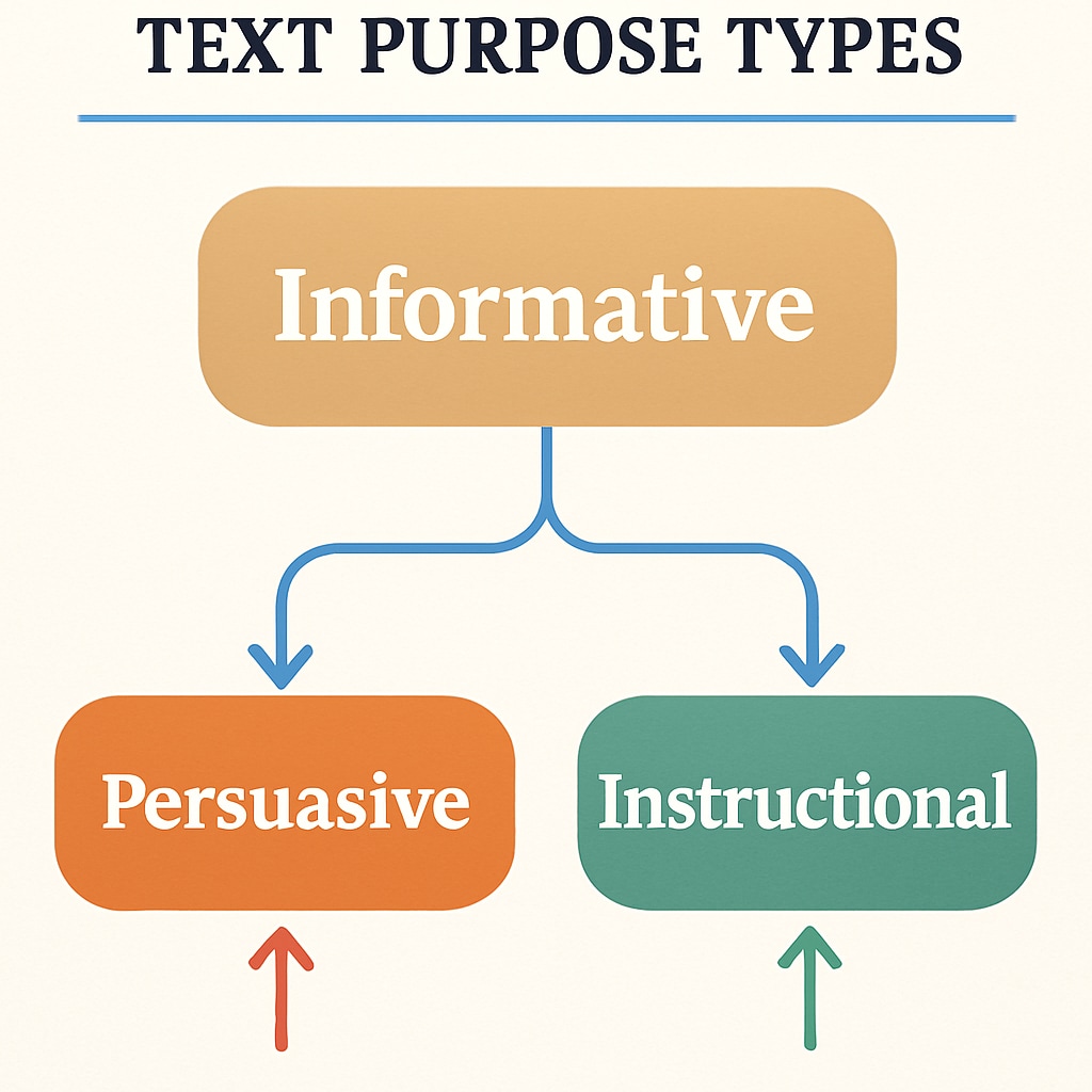 A visual diagram categorizing text purpose types (informative, persuasive, instructional). Diagram illustrating the three major text purposes: informative, persuasive, and instructional.