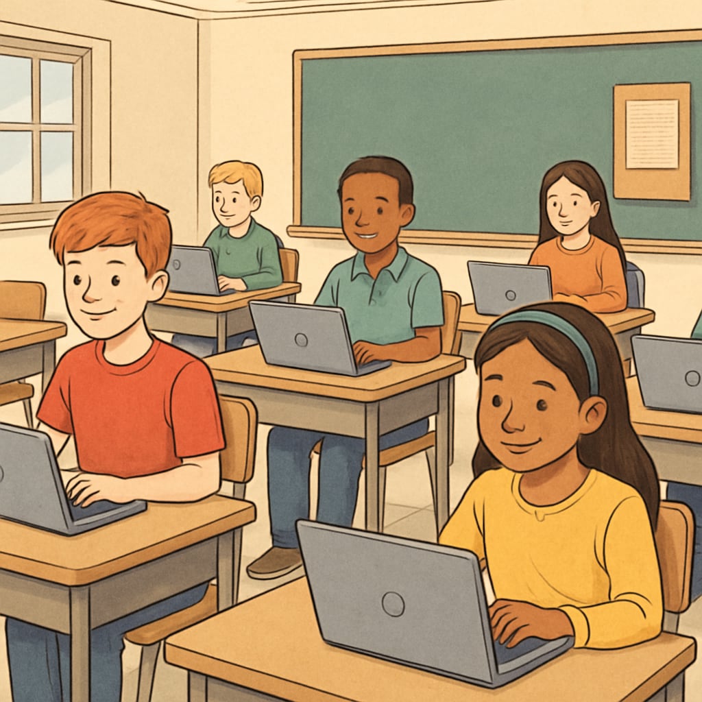 A classroom with students using Chromebooks, illustrating the integration of education technology. Students in a classroom using Chromebooks to enhance learning efficiency and collaboration.