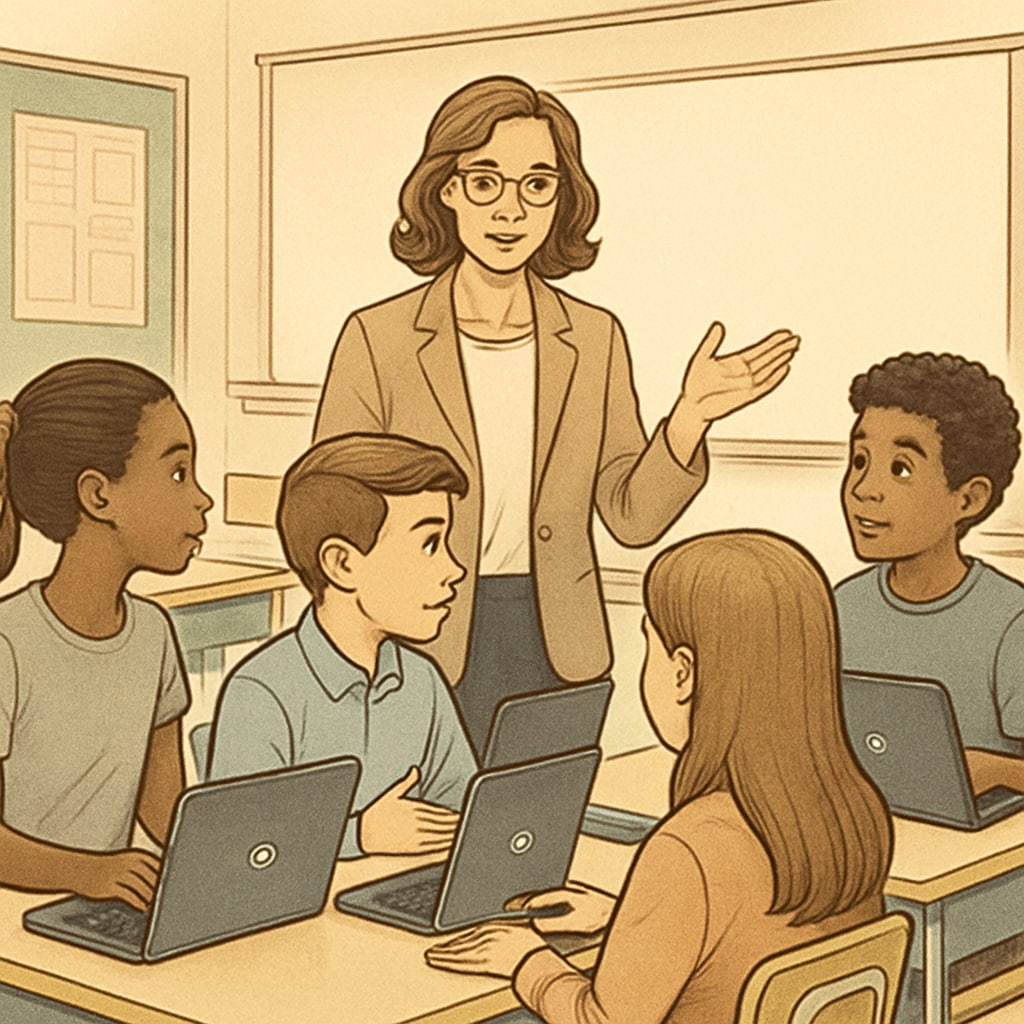 A teacher facilitating a group discussion with students using Chromebooks, showing the balance between technology and critical thinking. A teacher guiding a discussion among students using Chromebooks, emphasizing critical thinking alongside tech use.