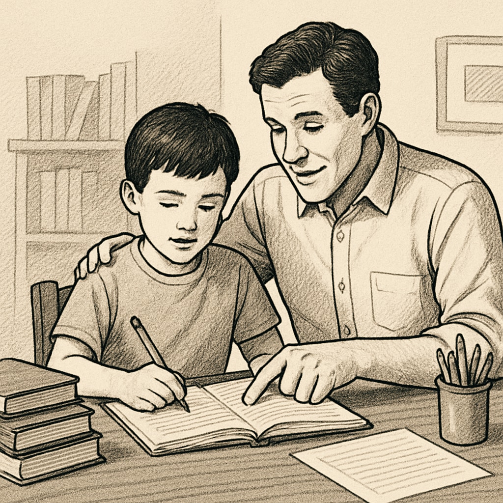 Parent assisting child with homework to improve learning habits.