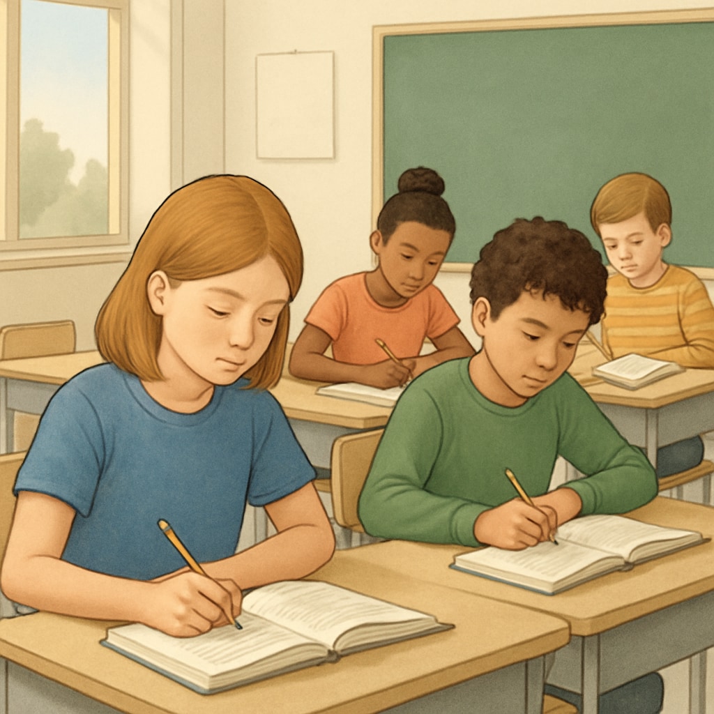 A classroom with students focused on their work, no phones visible. The image emphasizes a distraction-free learning environment. Classroom setting showcasing focused students without phones.