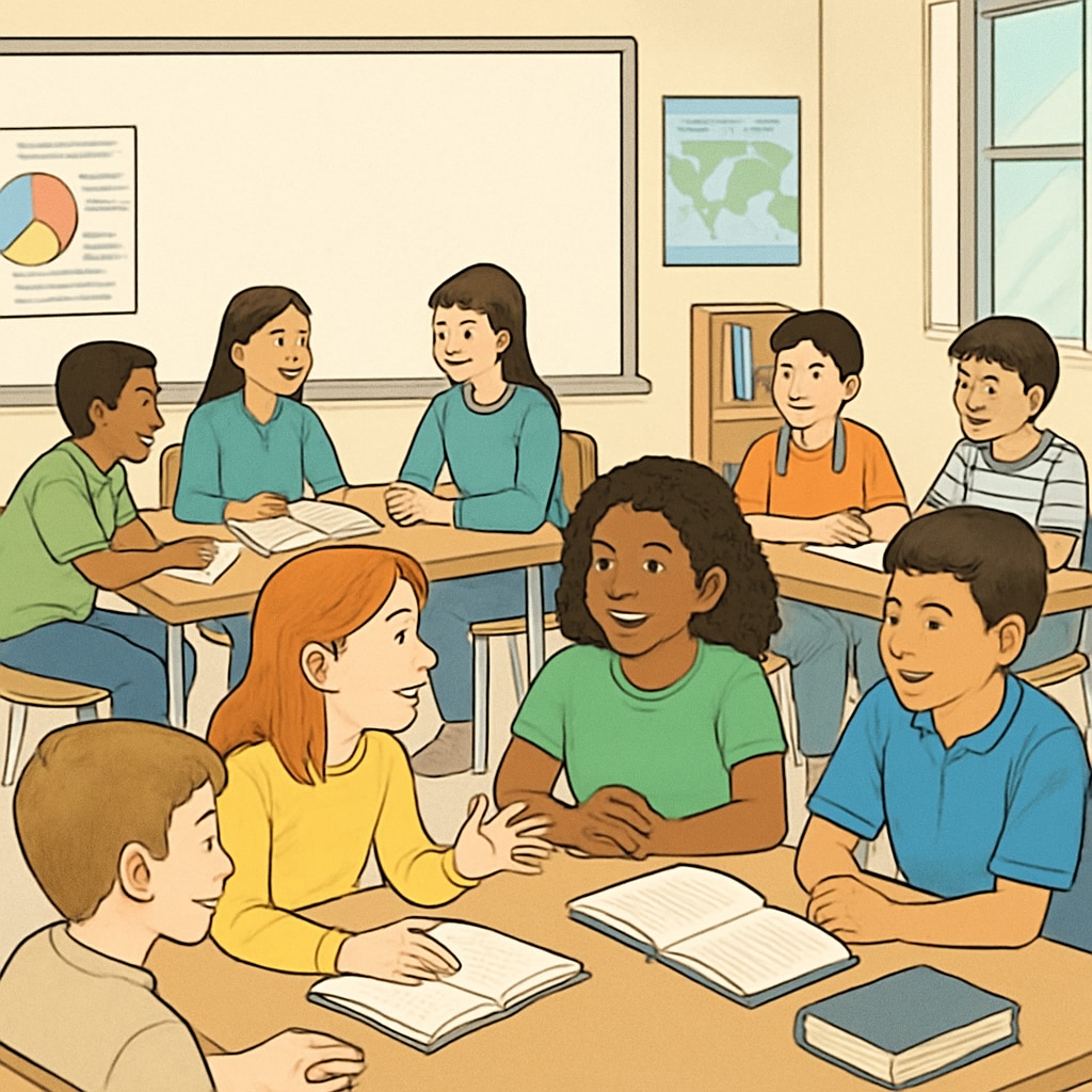 A classroom of K12 students actively engaged in a group discussion, representing diverse learning methods. K12 students discussing in groups as part of a learning strategies survey.