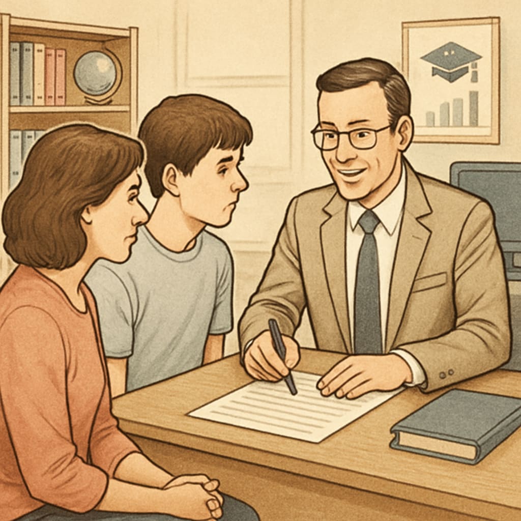 A professional consultant discussing study plans with a student and their parent in an office. Study abroad agency consultant with student and parent discussing US Master's plans.