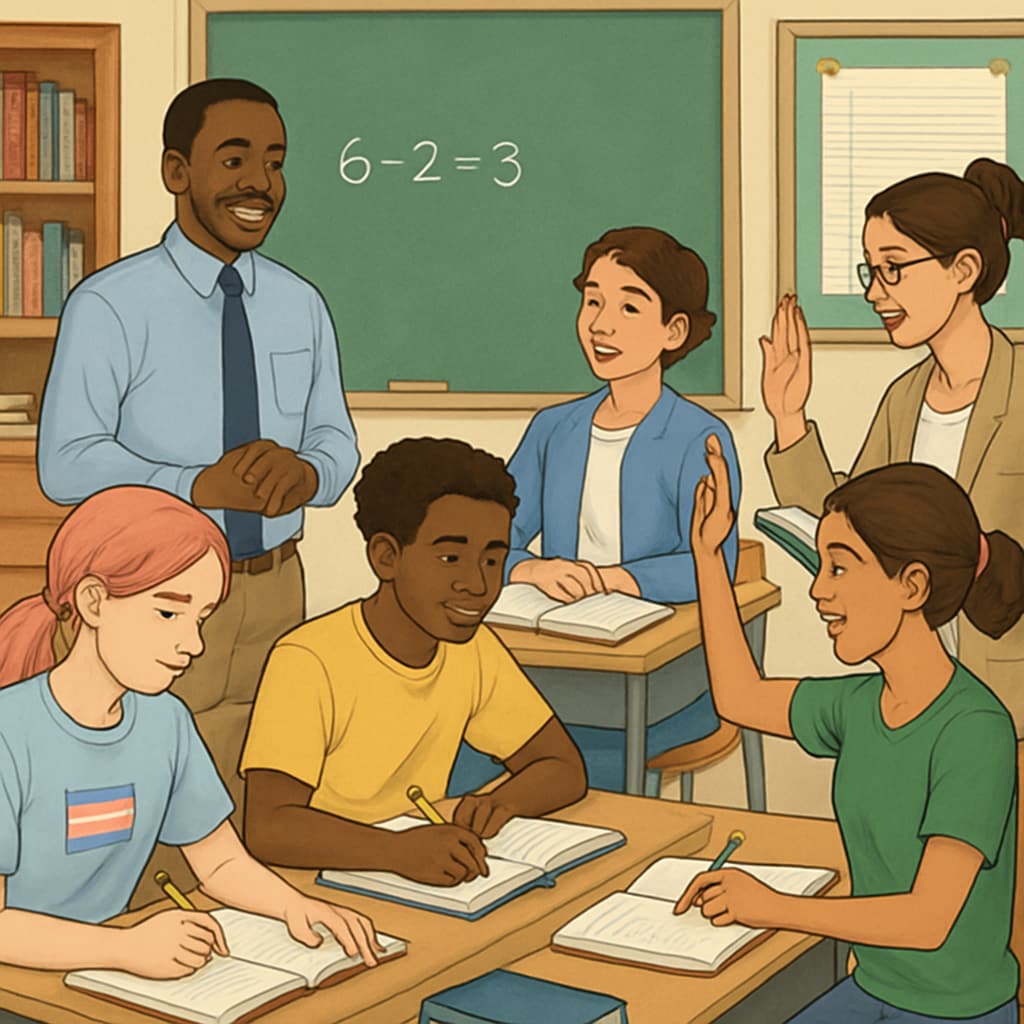 A classroom setting with diverse students, including transgender individuals, engaging in learning. Diverse students in a classroom, including transgender individuals, working together.