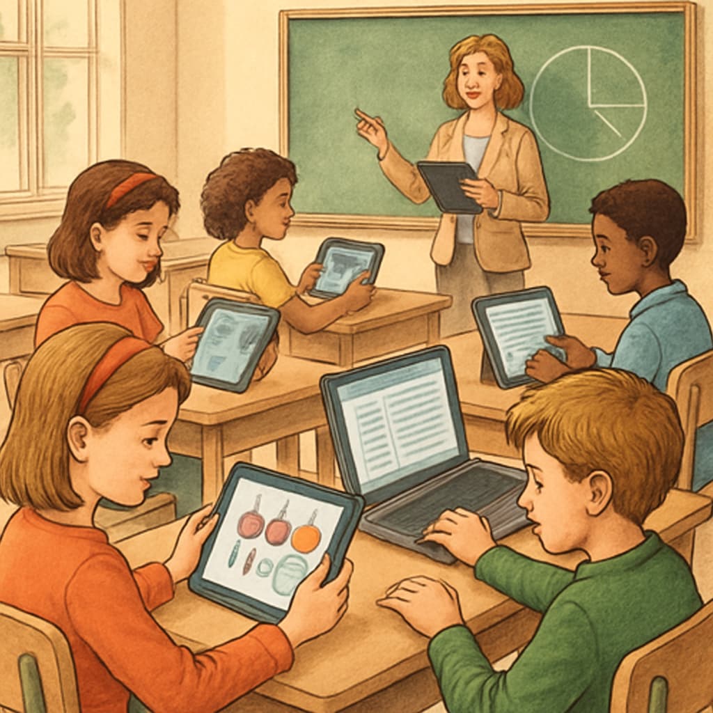 Students using tablets or laptops in a classroom setting, demonstrating technology integration in education. Students engaged in learning activities using tablets or laptops.