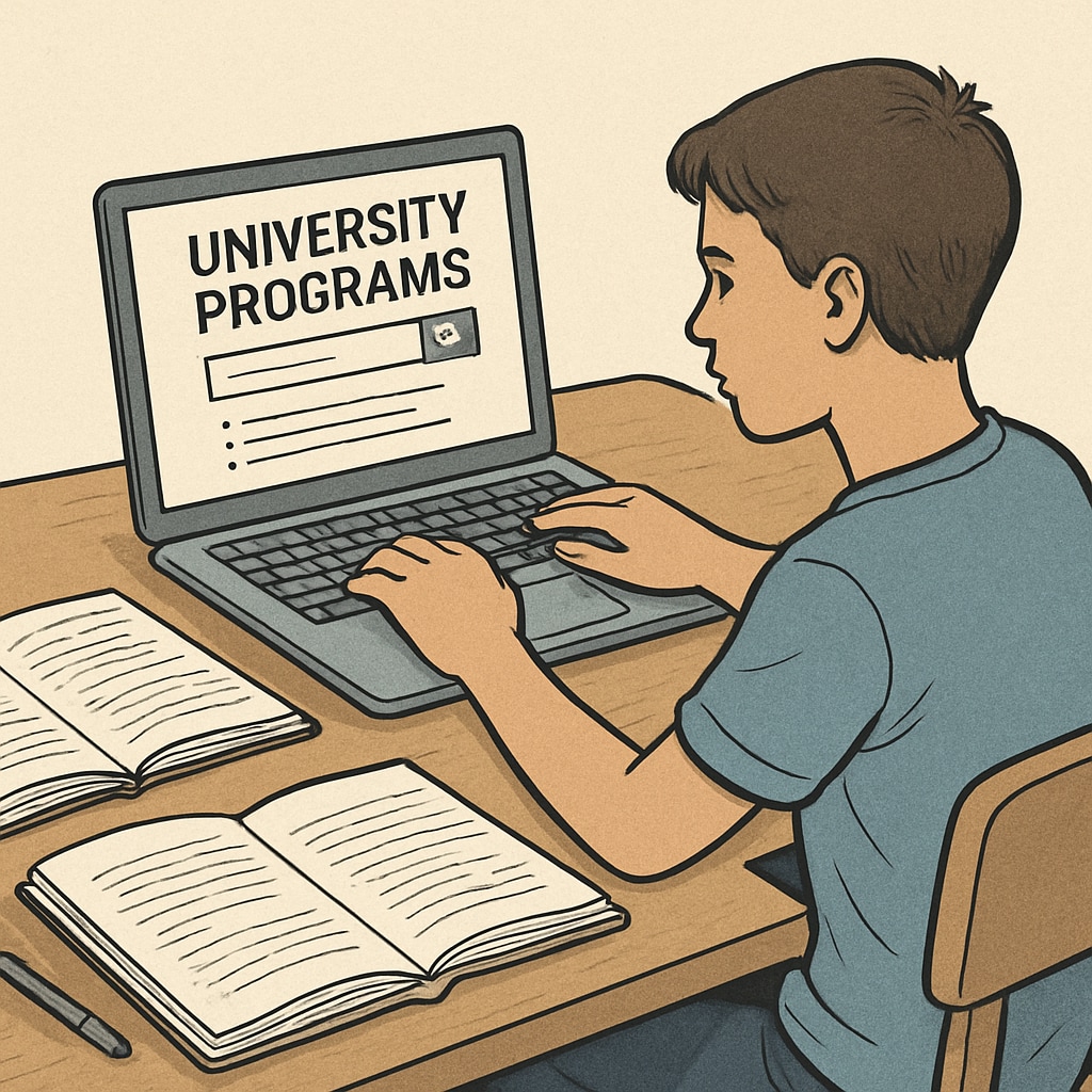 A student using a laptop to research university programs online, surrounded by notebooks. Student researching US Master's programs independently on a laptop.