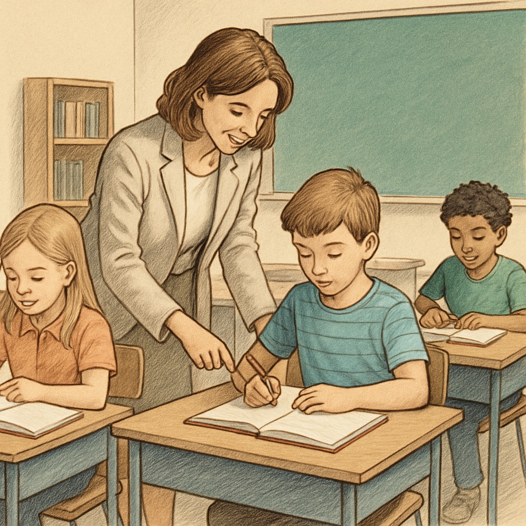 A teacher assisting students individually in a classroom, demonstrating personalized learning strategies. Teacher helping students individually to showcase personalized learning methods.