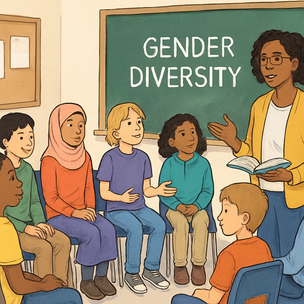 A teacher facilitating an inclusive classroom discussion about gender diversity. A teacher leading a discussion about gender diversity with students in a classroom.