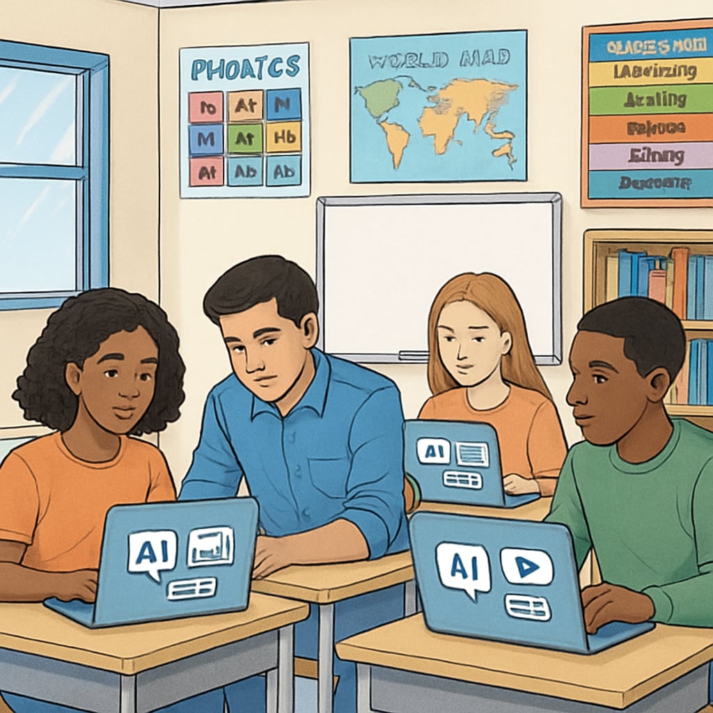 Students using AI tools in a classroom to enhance media literacy skills.