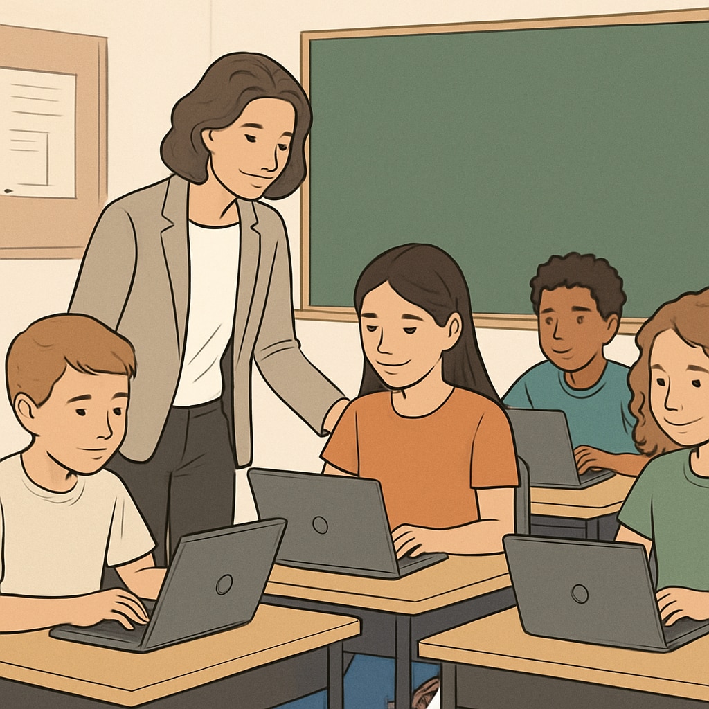 Students using Chromebooks in a classroom while a teacher provides guidance.