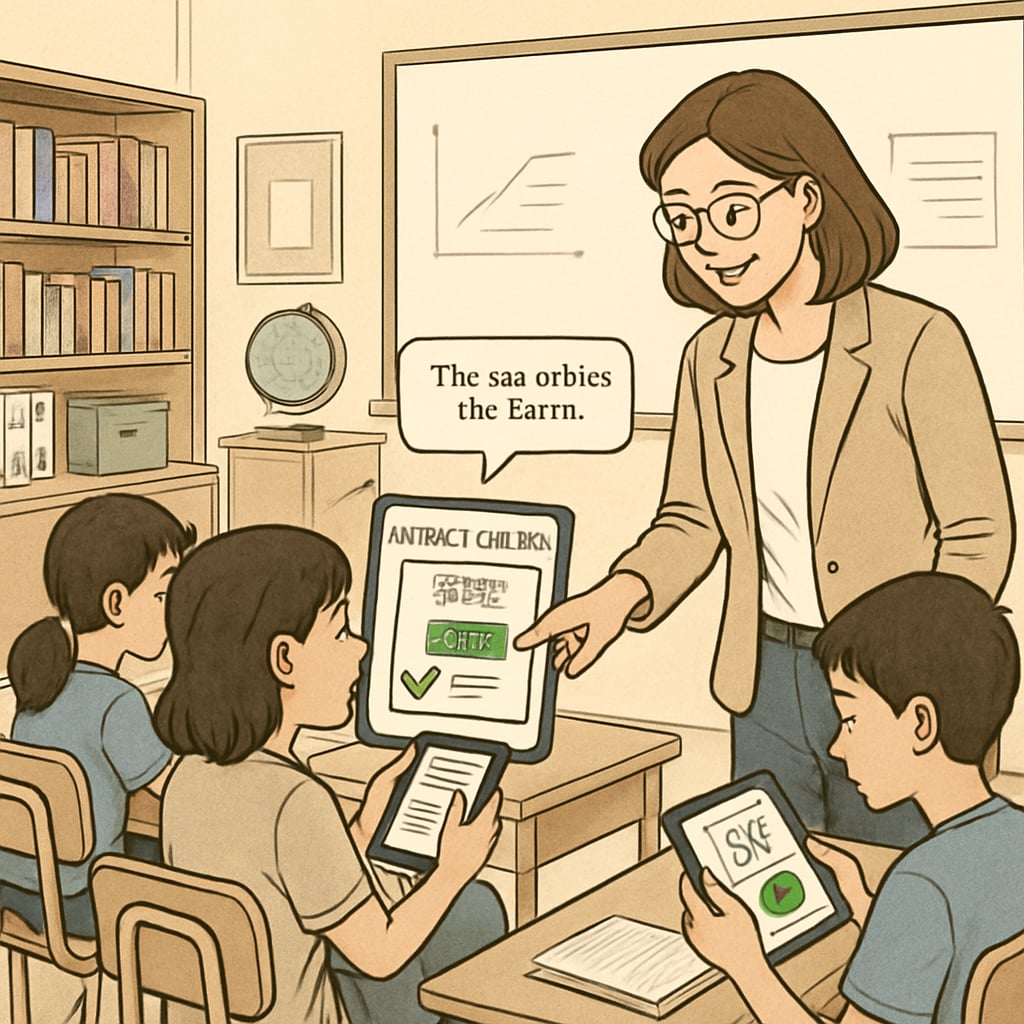 Teacher helping students use AI tools for media analysis and fact-checking.
