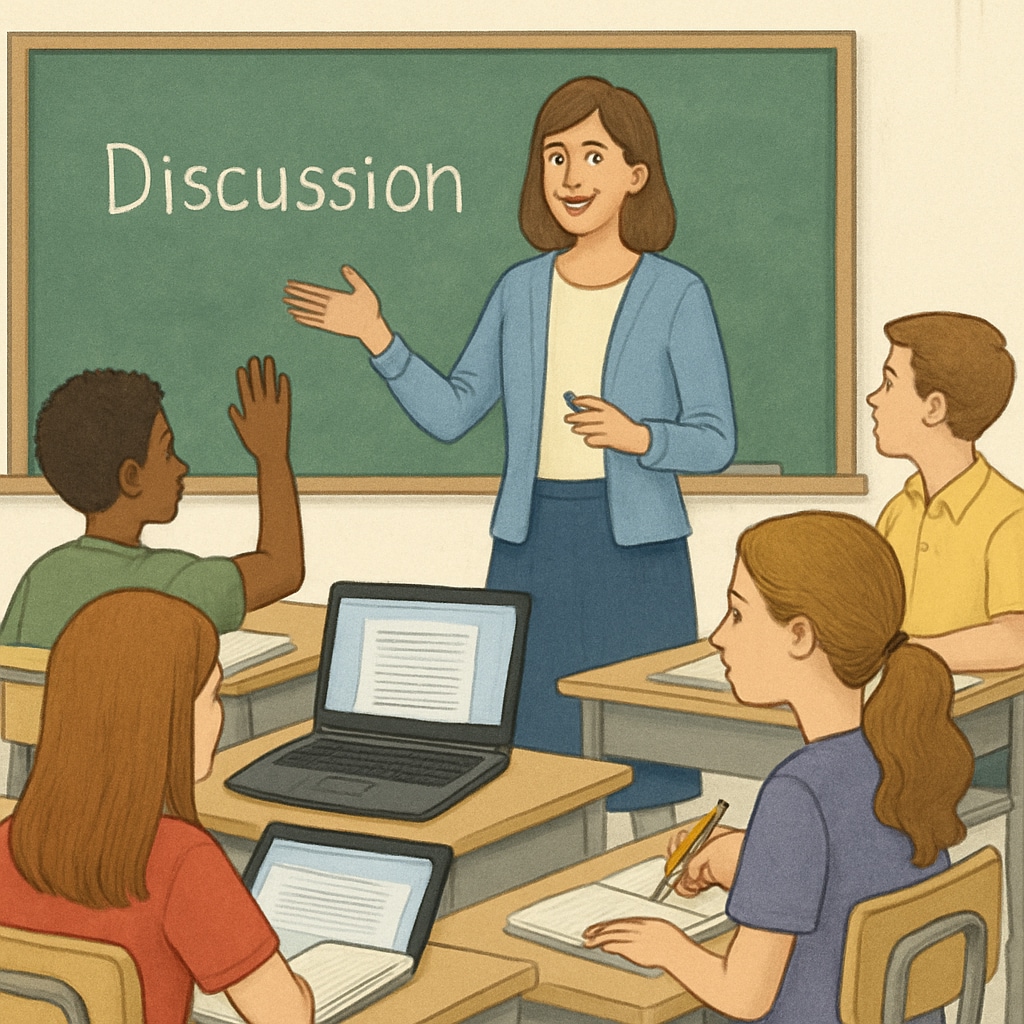 Teacher facilitating a class discussion while students use Chromebooks.