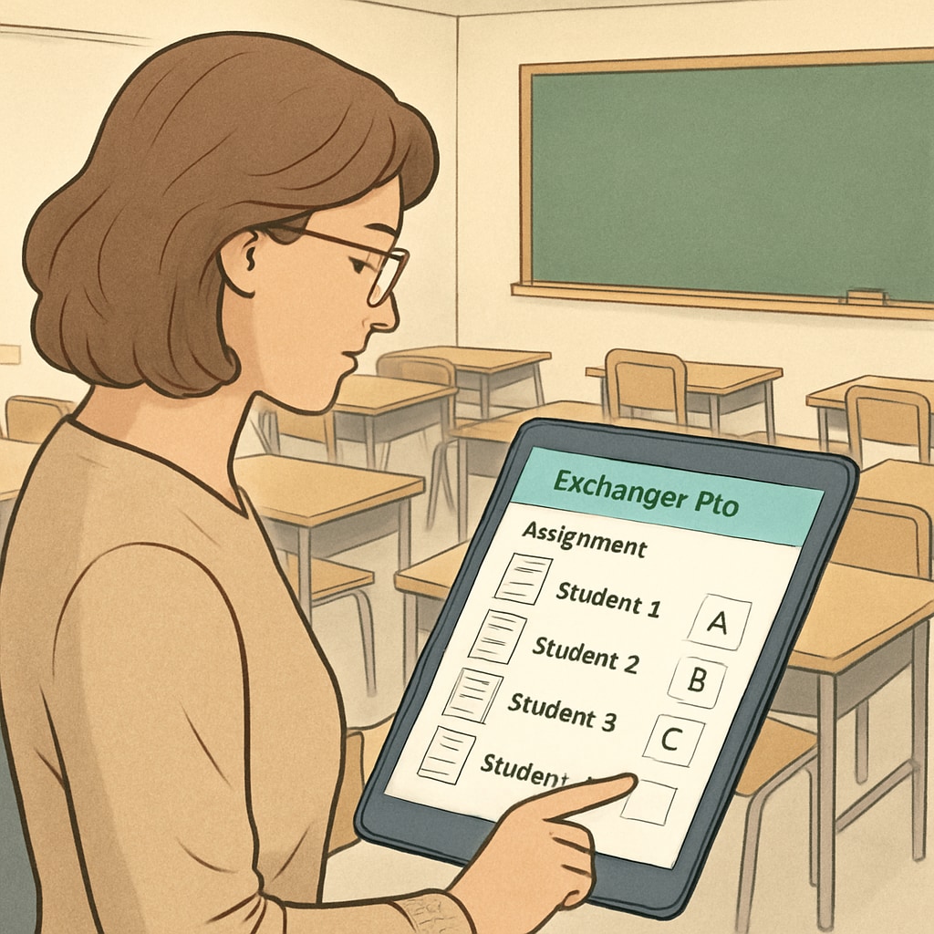 A teacher using EdChanger Pro to grade assignments on a tablet in a classroom setting. The image highlights the technology's ease of use in an educational environment. Teacher using EdChanger Pro for grading assignments in a classroom.